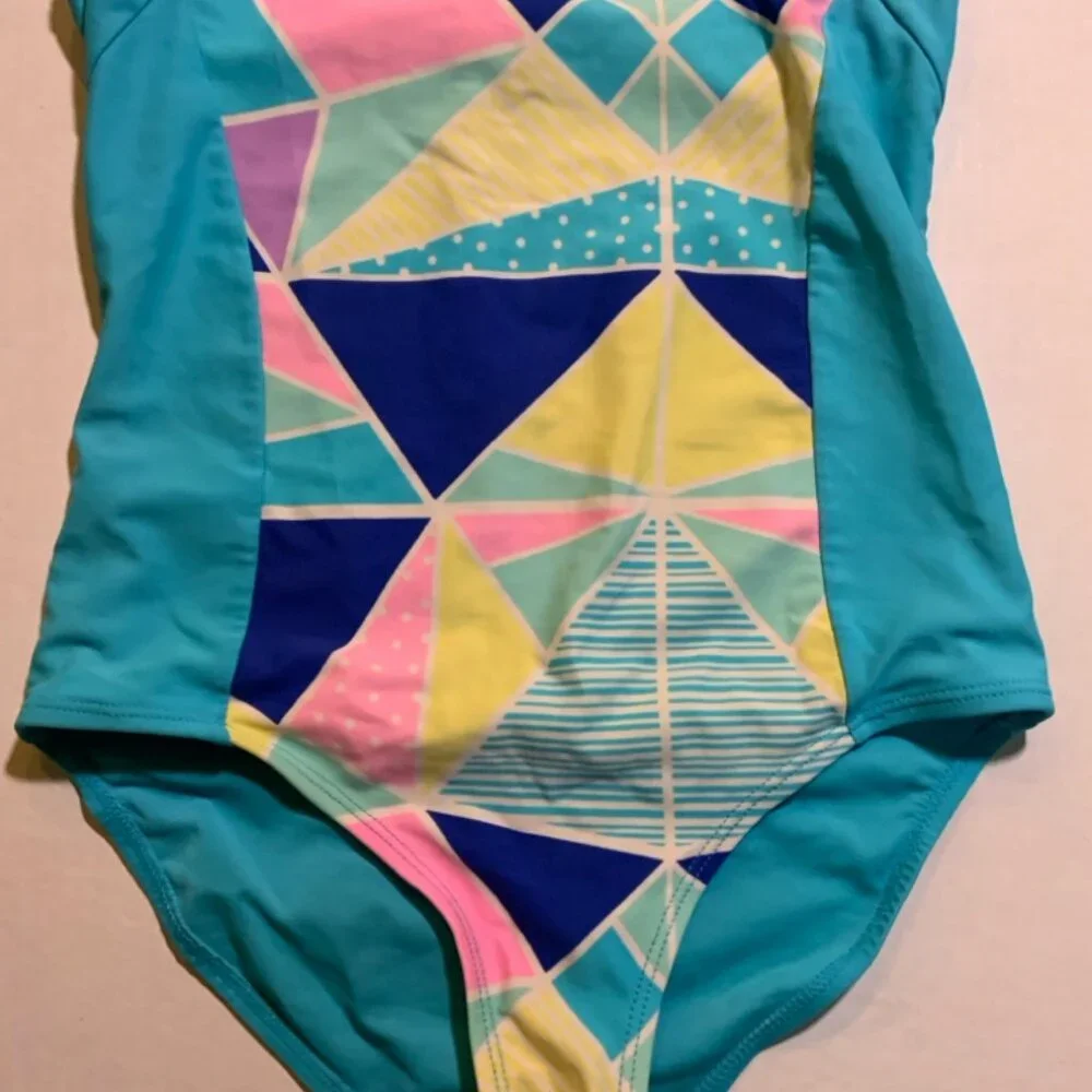 Vtg Joe Boxer Girls LG 10/12 Retro Look Geometric Criss Cross One Piece Swimsuit